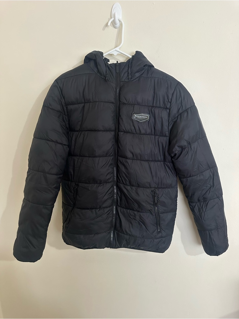 Men's Black and Gray Reversible Hooded Puffer Jacket